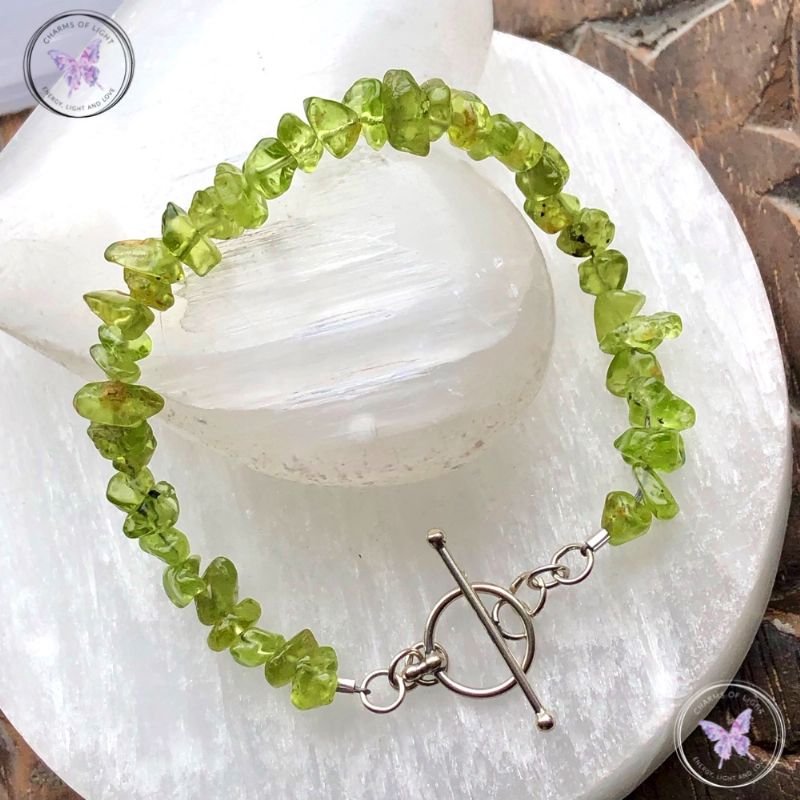 Peridot Chip Healing Bracelet with Silver Toggle Clasp